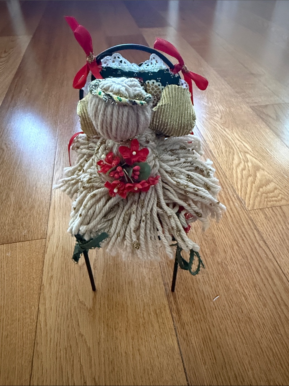 Vintage Handmade Cream Yarn Angel in a chair Holiday decor Red Accents